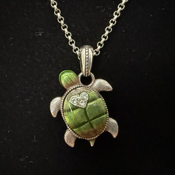 RARE Brighton Turtle Pendant Necklace Green Crystals Silver Plated Chain Adjust. - Picture 9 of 11